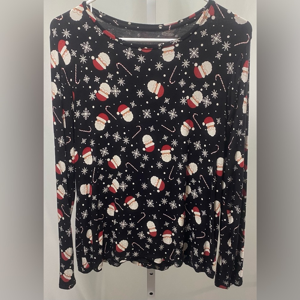 Celebrate Together Stretch Knit Christmas Top Santa Candy Canes Black‎ size L